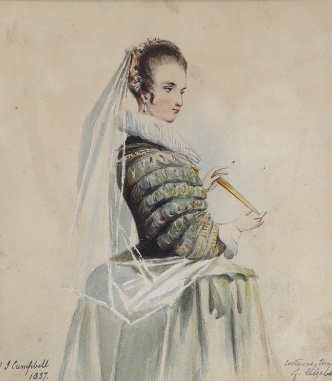 M J Campbell (19th century British), watercolour, ‘Costume, Time of Elizabeth’, signed and dated 1837, 19 x 17cm